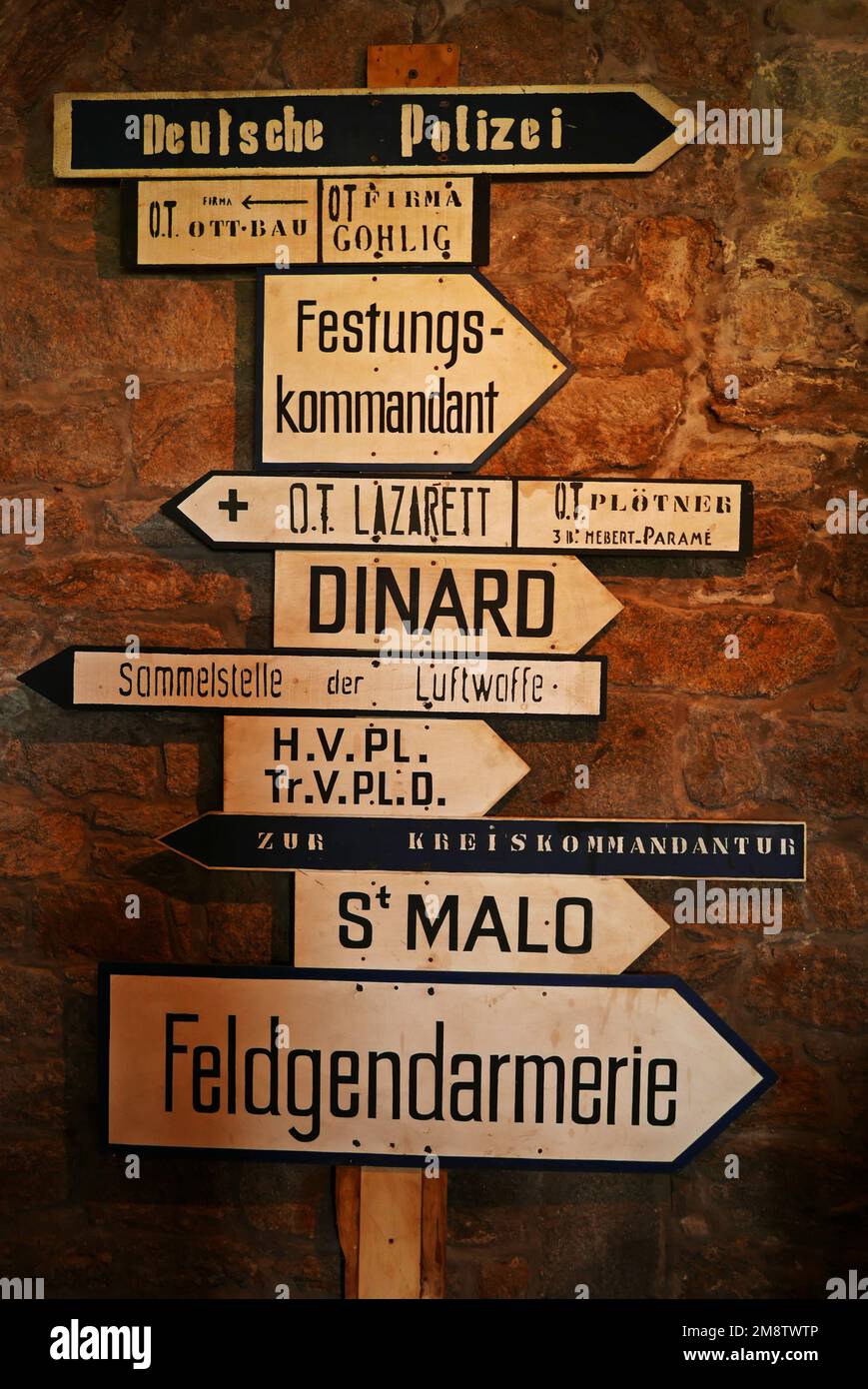 German road sign, Fort de la Cite d'Alet, 39-45 Mémorial, WW II, Saint-Malo, Ille-et-Vilaine, Bretagne, France, Europe Stock Photo