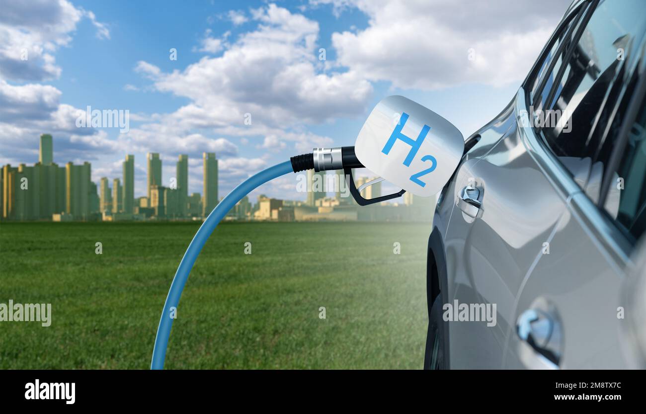 Close up of fuel cell car with connected hydrogen fueling nozzle Stock