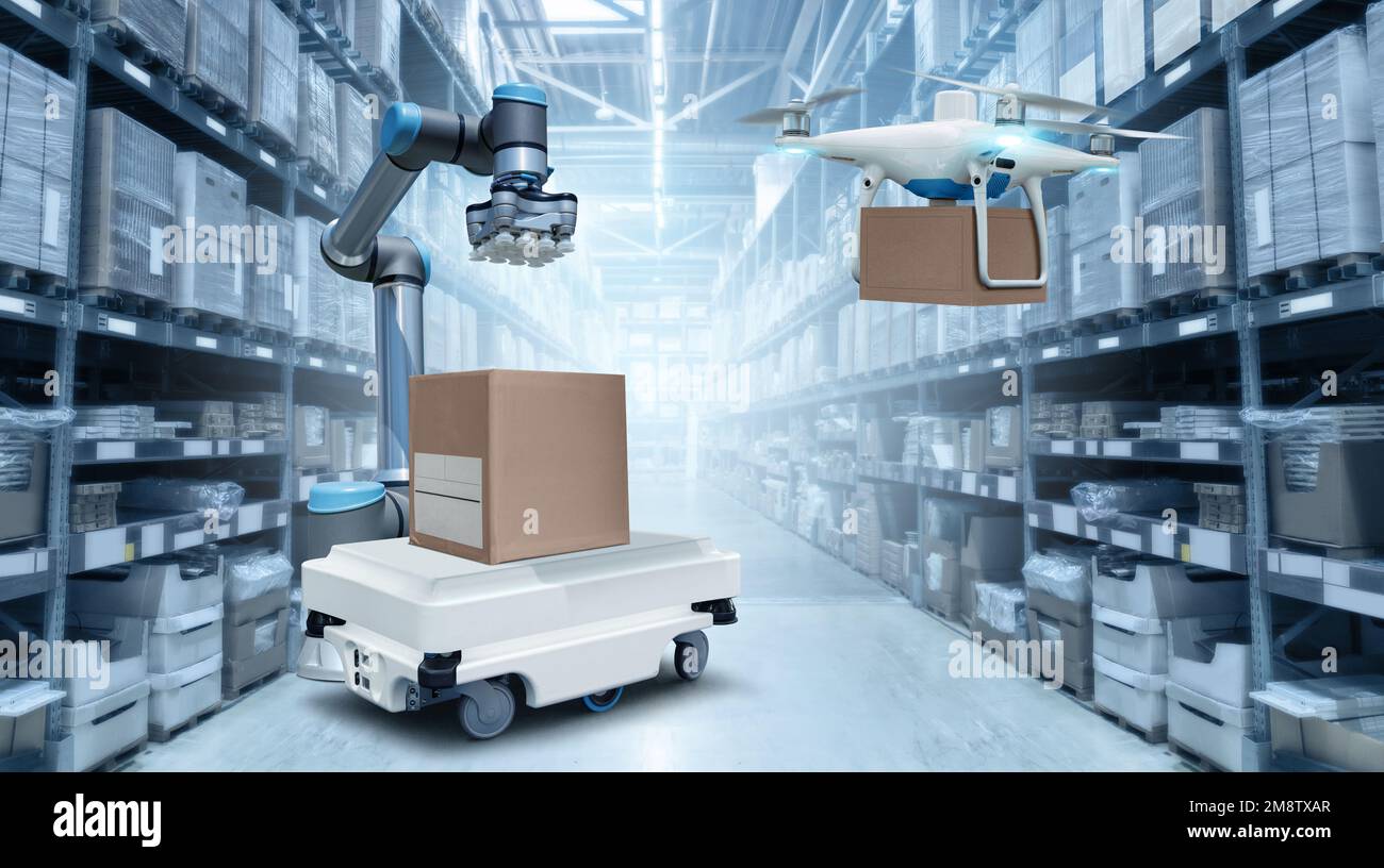 Concept of unmanned automated warehouse with robots and drones. Smart ...