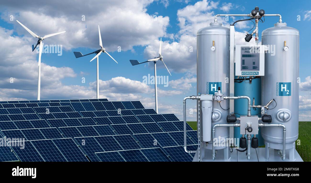 Hydrogen production from renewable energy sources. Green hydrogen concept Stock Photo