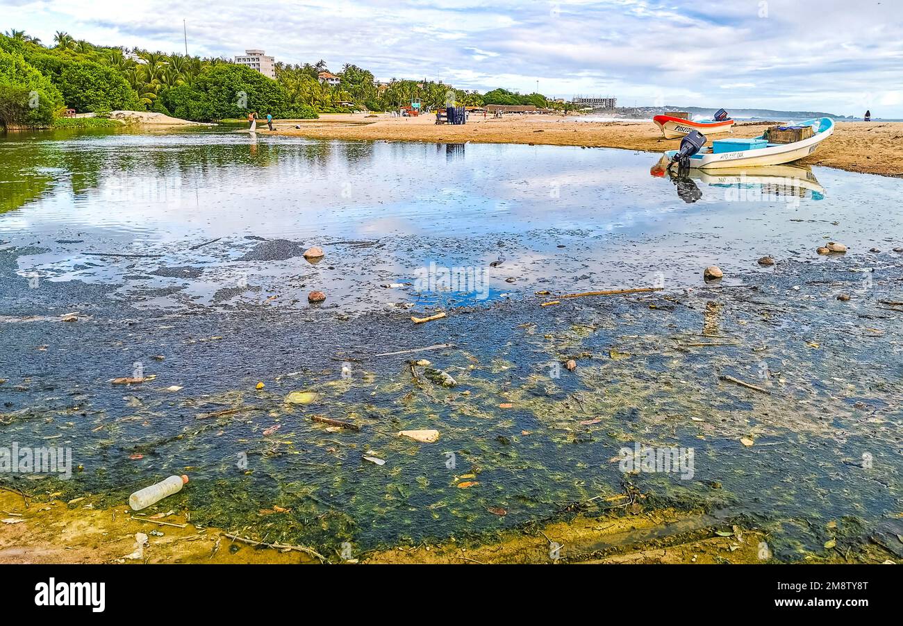 Dirty green polluted and garbage river in Zicatela Puerto Escondido ...