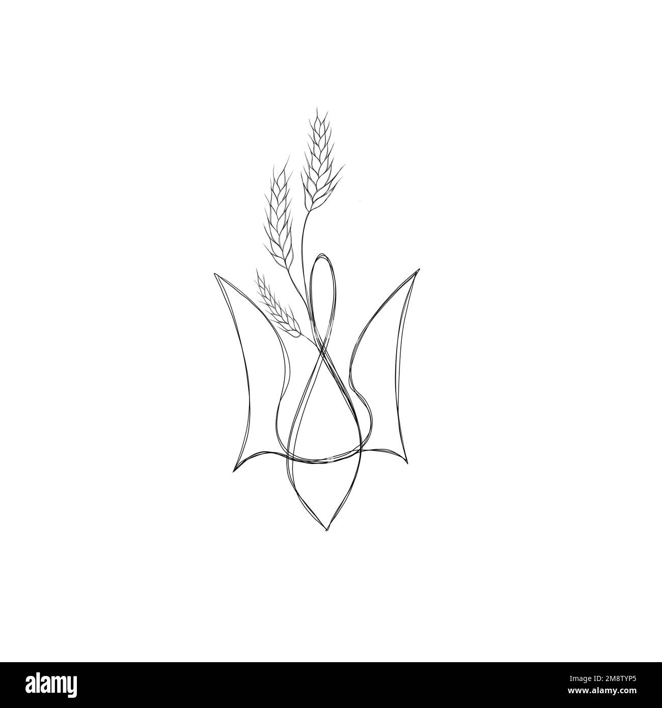 war in Ukraine. Patriotic line art tattoo. Ukrainian trident with wheat spikelets  Stock Photo