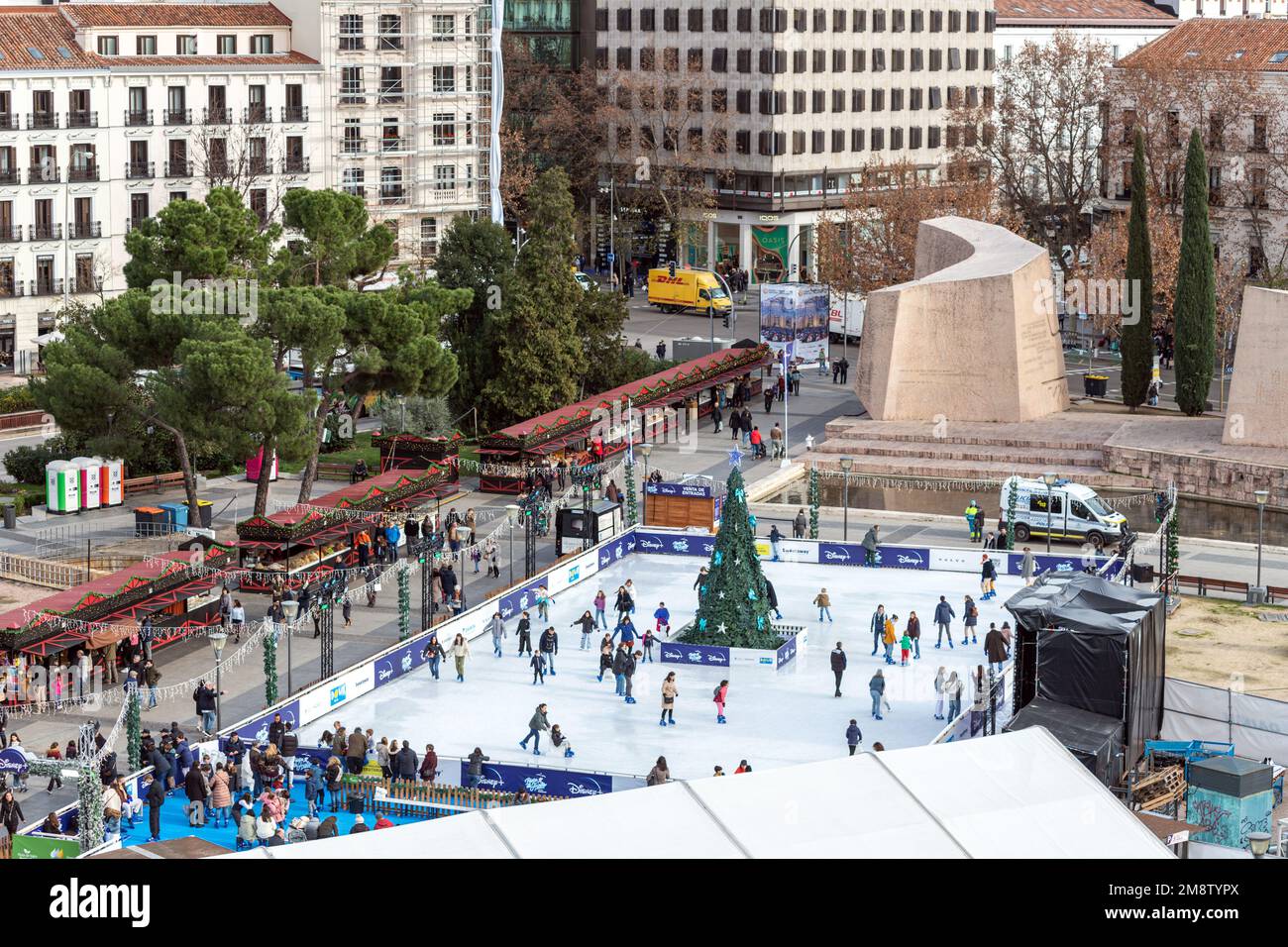 Christmas Ice Skating at Colon square, Madrid, Spain Stock Photo