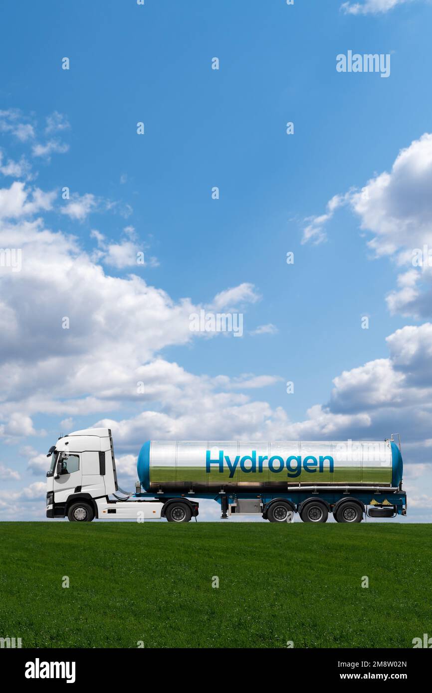 Truck with hydrogen fuel tank trailer Stock Photo