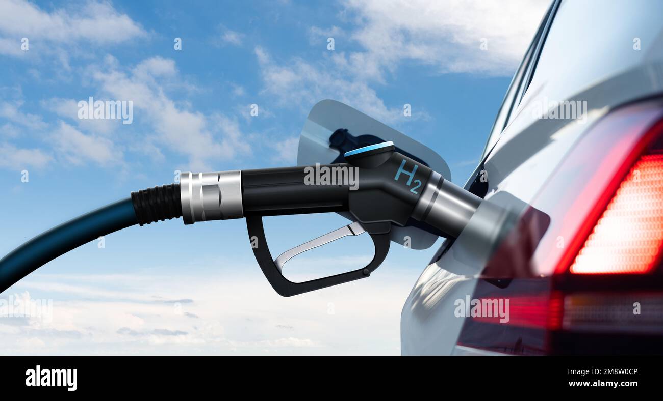 Close up of fuel cell car with connected hydrogen fueling nozzle Stock