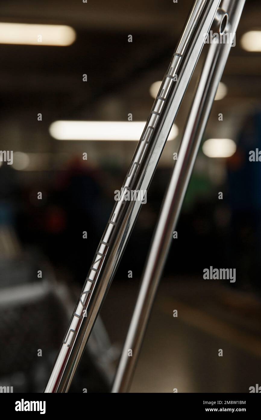 A bike frame made from Reynolds 931 tubing at the Reynolds steel tubing