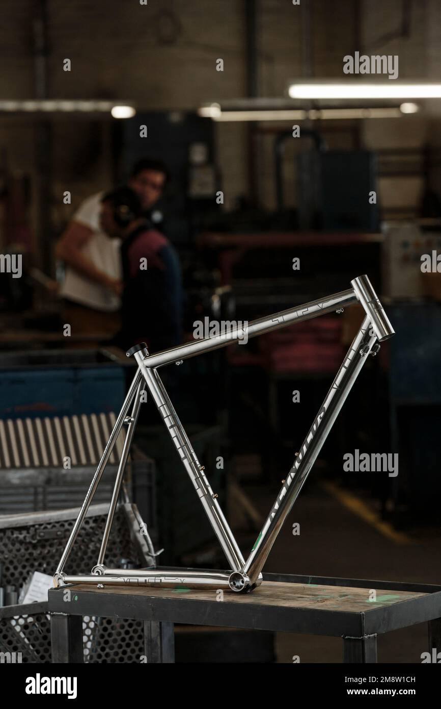 A bike frame made from Reynolds 931 tubing at the Reynolds steel tubing