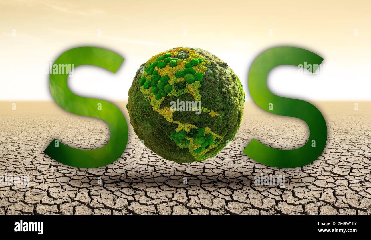 Inscription SOS with green planet Earth on desert. Symbol of global warming and climate change Stock Photo