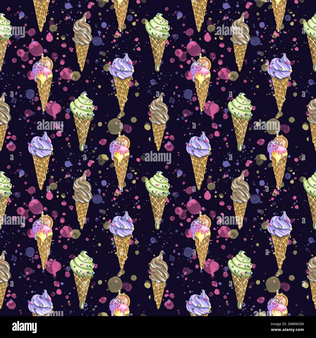 Waffle cones with ice cream with splashes of paint on a dark background ...