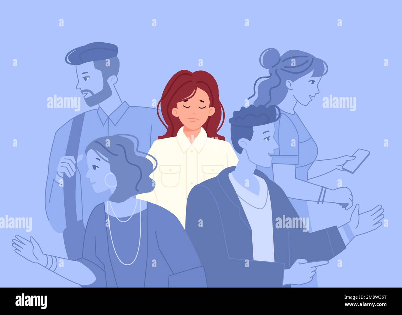 Woman outcaste. Lonely girl in crowd, depressed child alone at social communicating silhouettes, depressed female emotional mental solitude vector illustration of woman lonely and sad alone Stock Vector