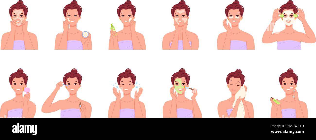 Women cleaning skin. Woman face purity, steps facial clean, skincare infographic, healthy 