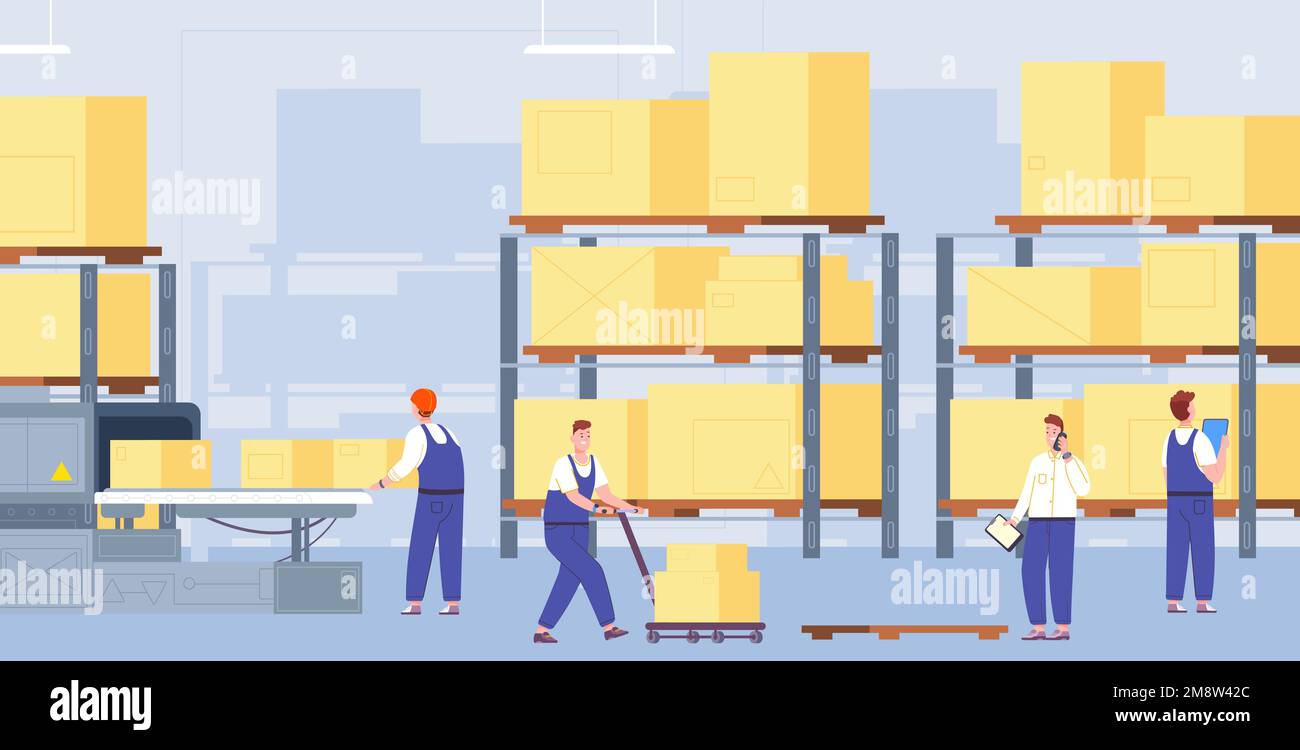 Warehouse conveyor workers. Warehousing process, worker sorting cargo boxes on belt line automation machine, mover working delivery industrial system, splendid vector illustration of warehouse factory Stock Vector