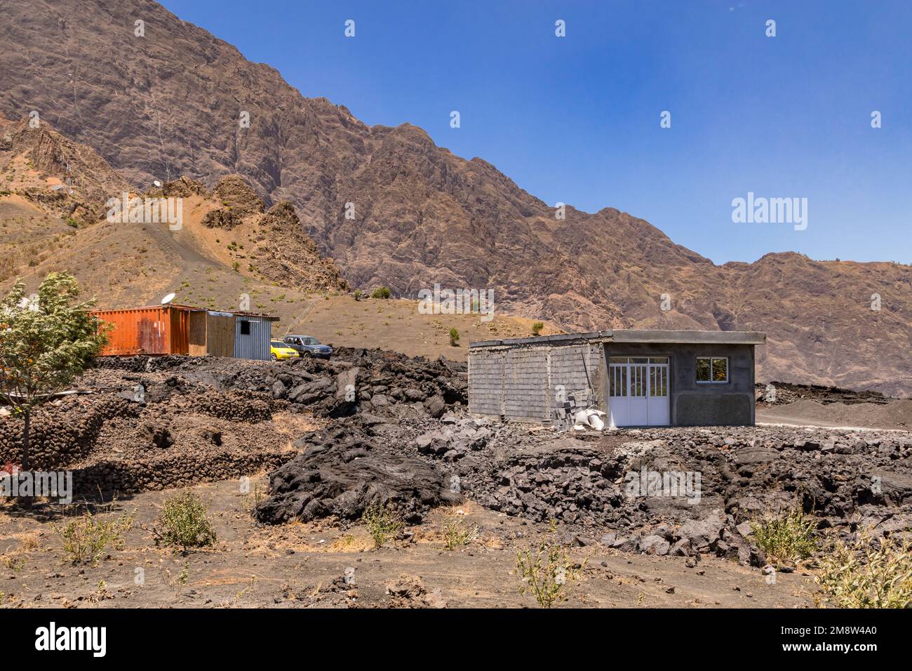 Improvised huts and containers after the 2014 volcanic eruption with