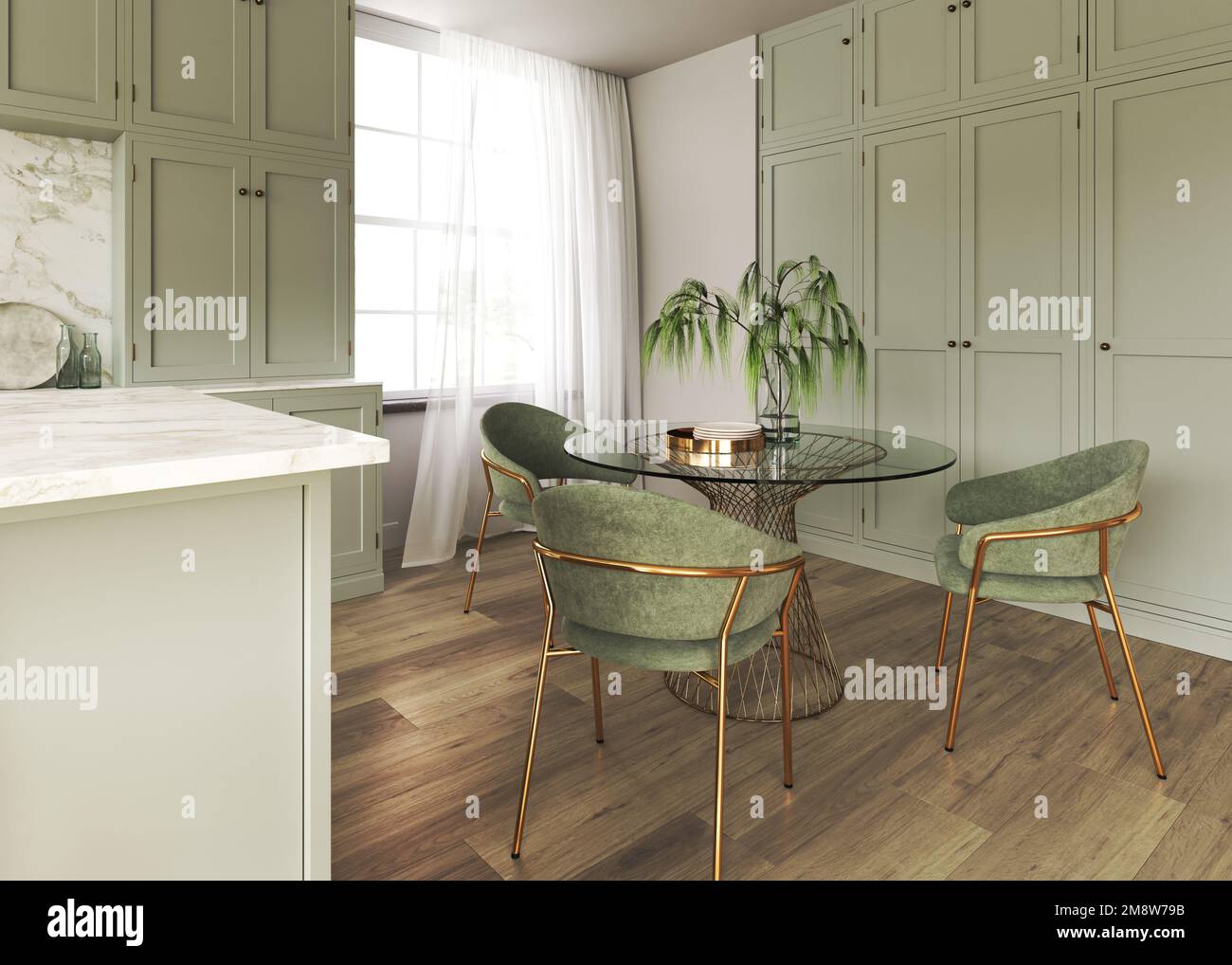 Dining room decorated in minimalist style. Kitchen interior design ...