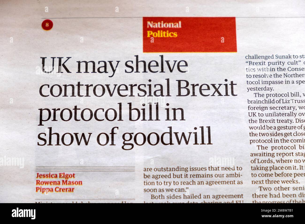 'UK may shelve controversial Brexit protocol bill in show of goodwill' Guardian newspaper headline cutting clipping article 14 January 2023 London UK Stock Photo