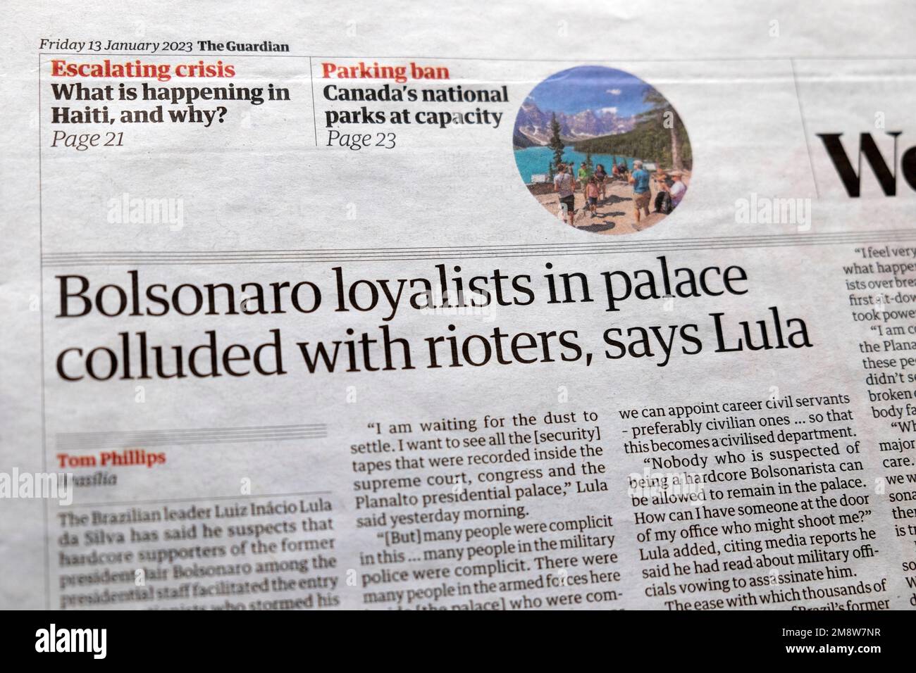 Jair 'Bolsonaro loyalists in palace colluded with rioters, says Lula' Guardian newspaper headline Planalto Brazil article 13 January 2023 London UK Stock Photo