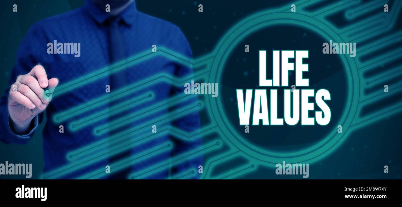 Sign displaying Life Values. Word for things that you believe are
