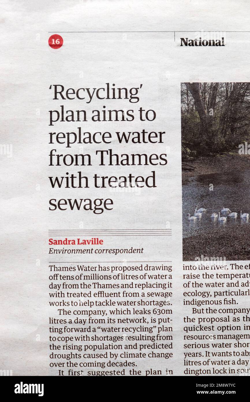 'Recycling' plan aims to replace water from Thames with treated sewage'  newspaper headline River Thames environment article 13 January 2023 London UK Stock Photo