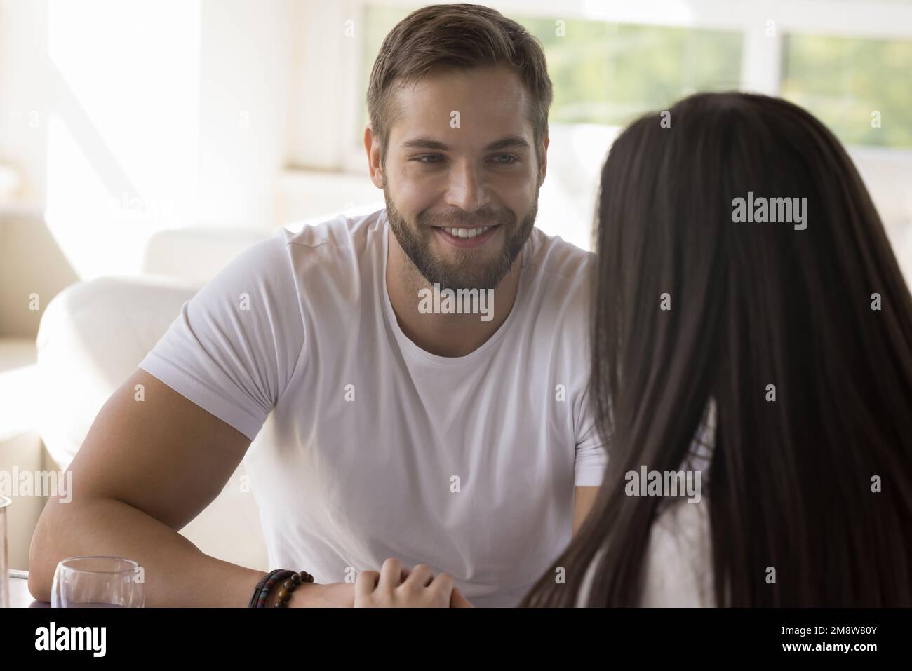 Happy handsome young man dating with girlfriend Stock Photo