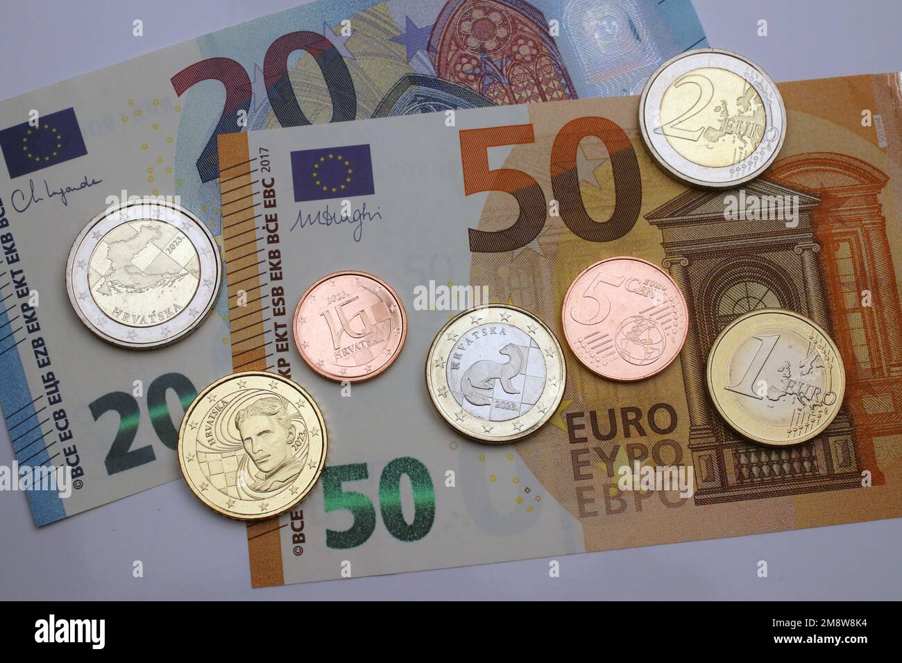 Croatian Euro coins, new member of Eurozone, coins and banknotes, year 2023 Stock Photo