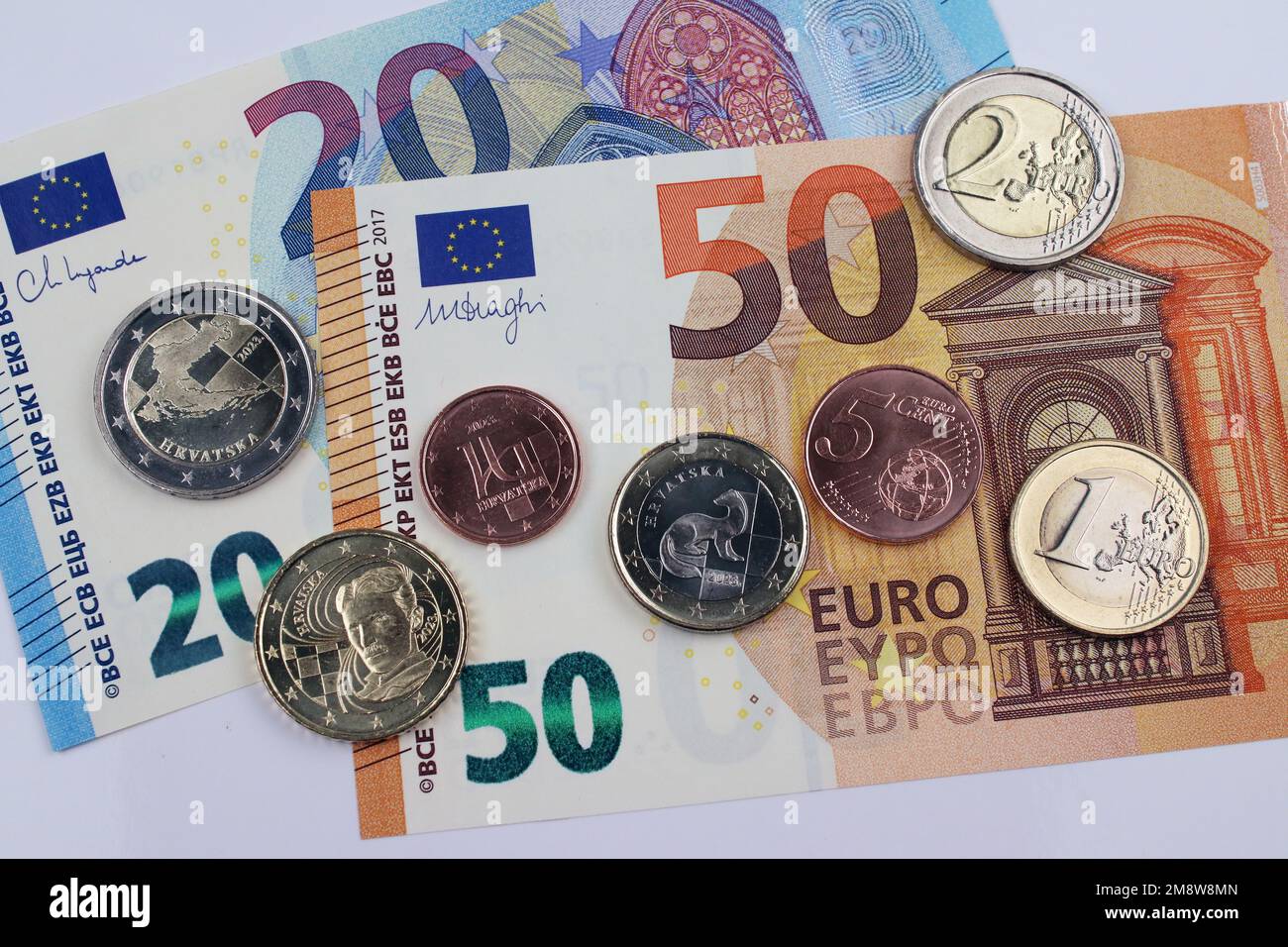Croatian Euro coins, new member of Eurozone, coins and banknotes, year 2023 Stock Photo