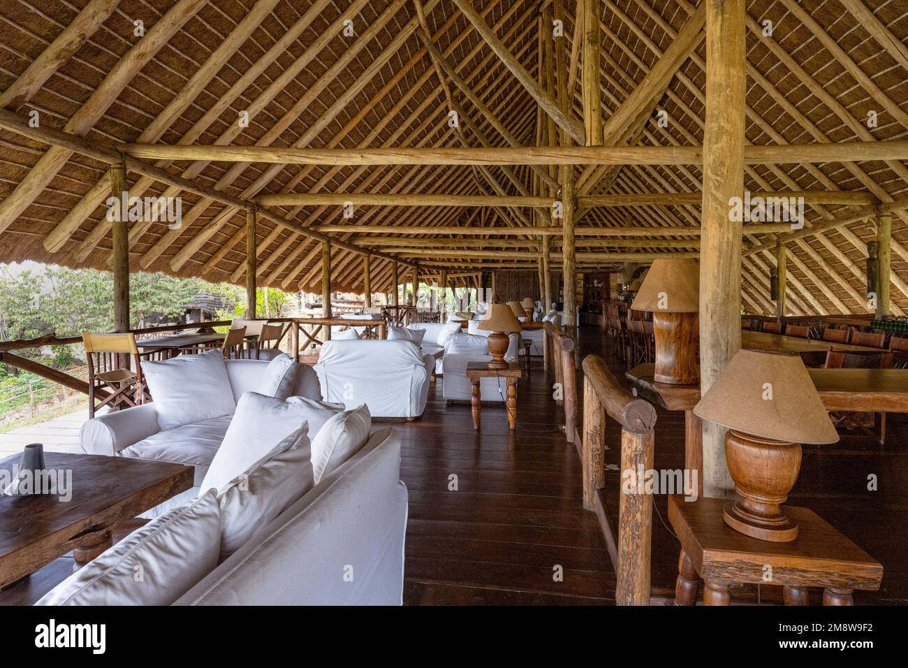 The main restaurant and lodge area of the Apoka Safari Lodge in the Kidepo Valley, in northern Uganda. Stock Photo