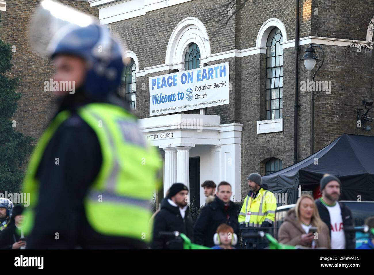 A sign saying 'Peace On Earth' outside the Tottenham Baptist Church as ...