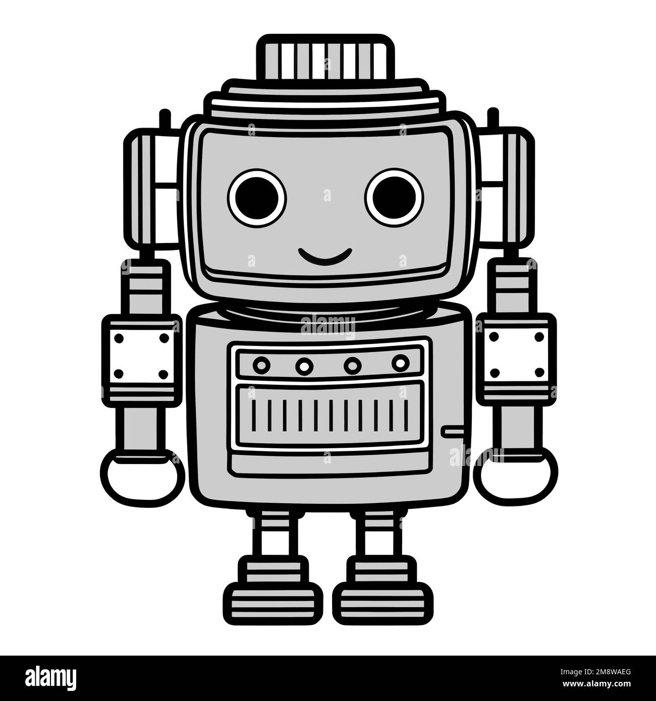 Happy little robot friendly cartoon character isolated on white