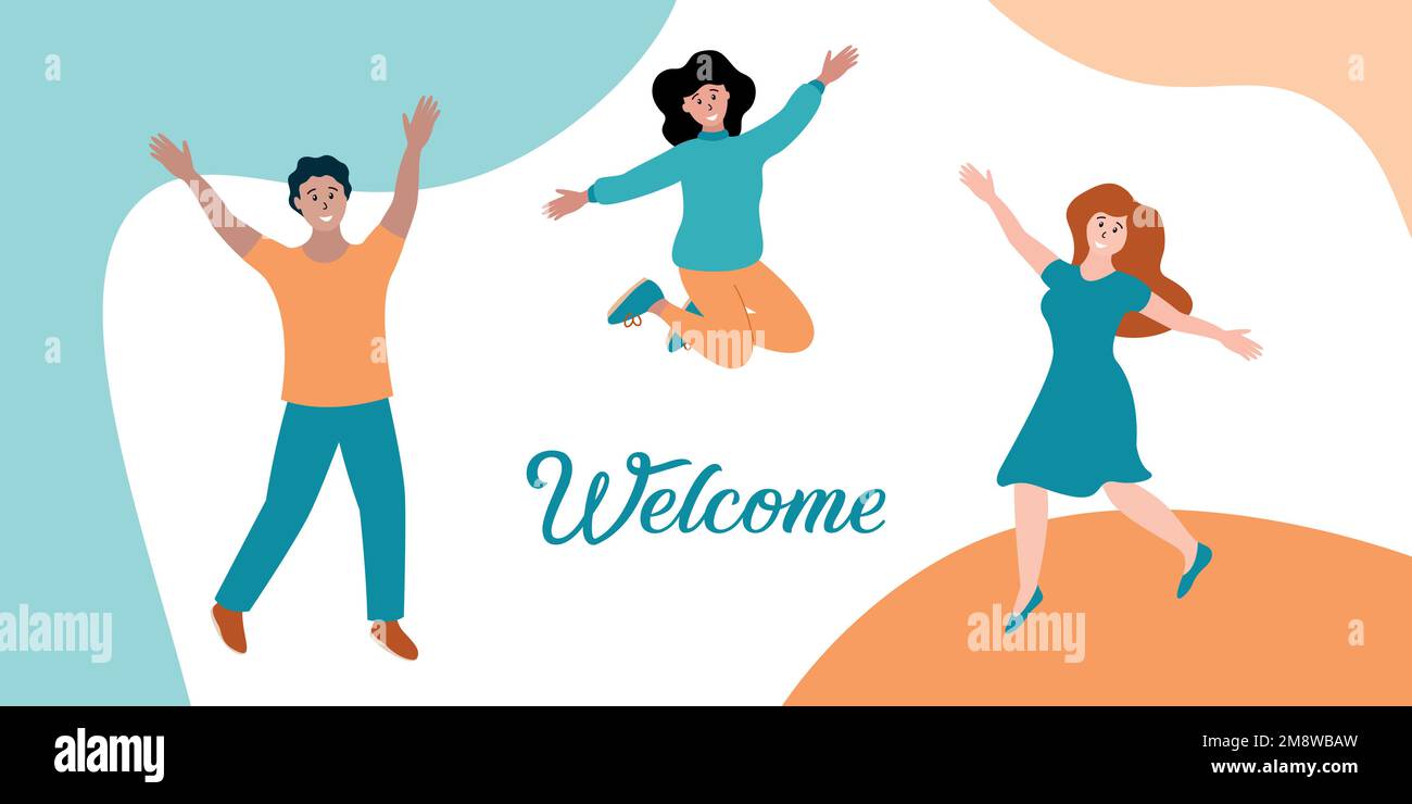 Welcome banner. Happy young people jumping and smiling. Friends together. Horizontal banner for website with text Welcome. Vector illustration. Stock Vector