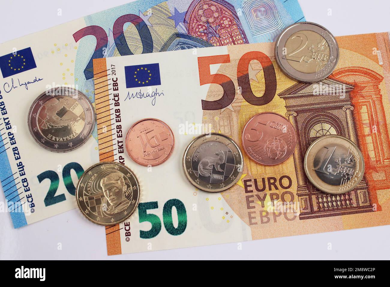 Croatian Euro coins, new member of Eurozone, coins and banknotes, year 2023 Stock Photo