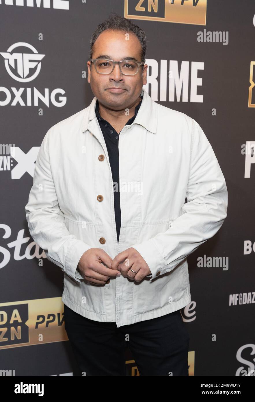 London, UK. 14 January, 2023. Krishnan Guru-Murthy attends the Arrivals at the KSI v FaZe Temperrr fight - London at OVO Wembley Arena in London, England.  Credit: S.A.M./Alamy Live News Stock Photo
