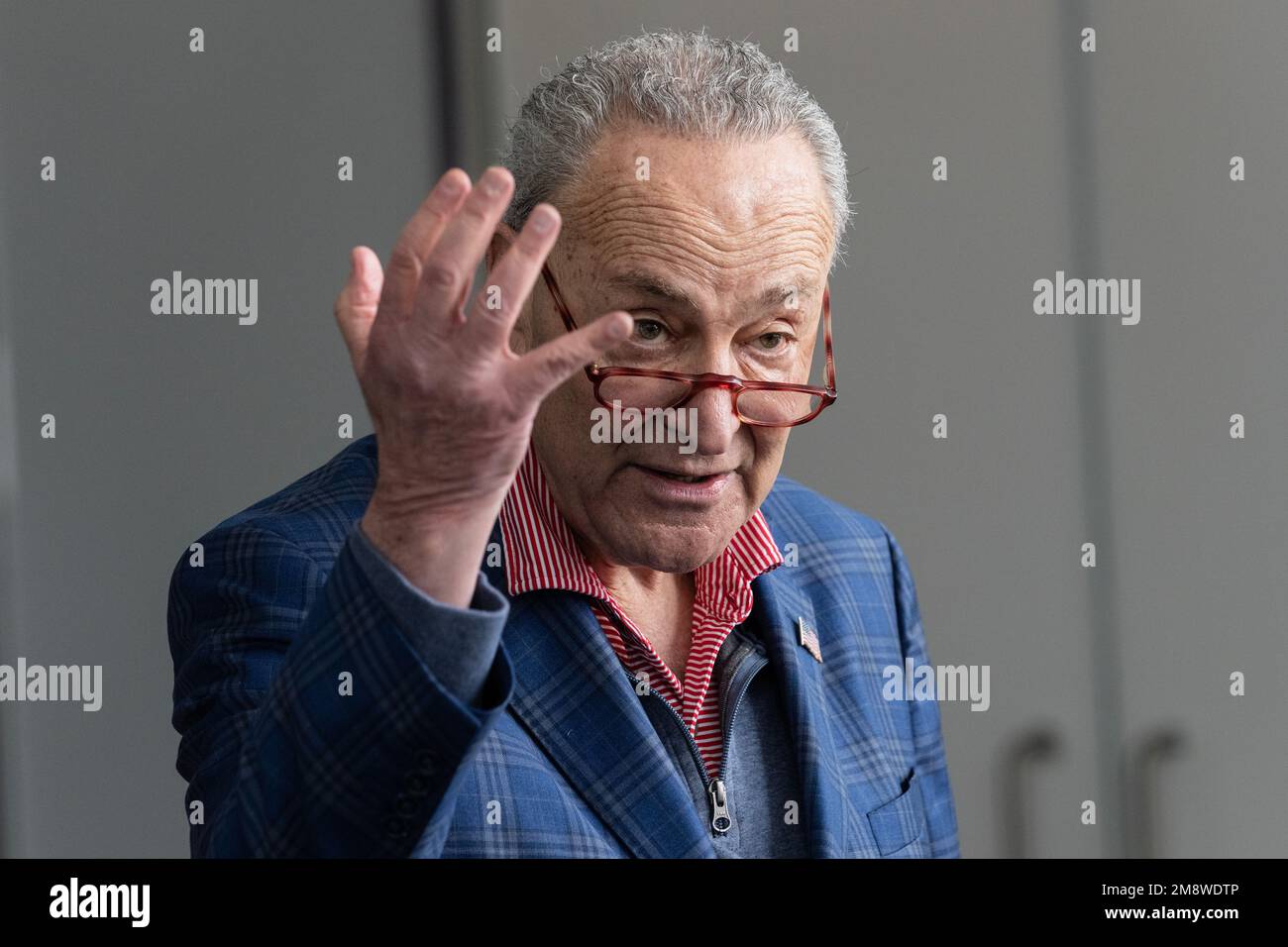 Senator Charles Schumer pushes during press briefing at lobby of 875 3rd avenue, New York on January 15, 2023 for confirmation of FAA Administrator choice by President Biden Stock Photo
