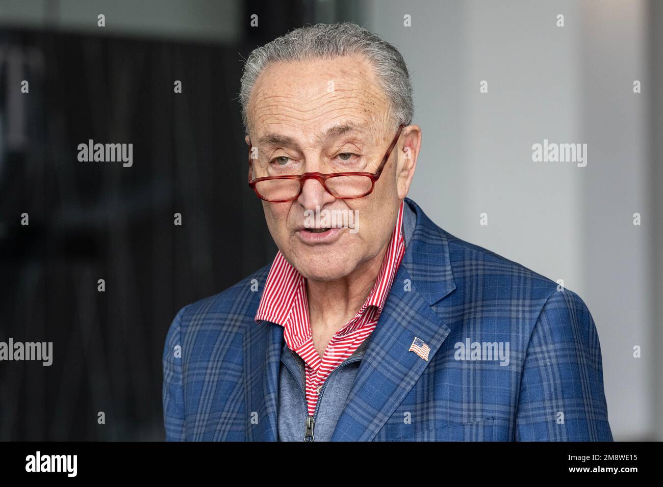 Senator Charles Schumer pushes during press briefing at lobby of 875 3rd avenue, New York on January 15, 2023 for confirmation of FAA Administrator choice by President Biden Stock Photo