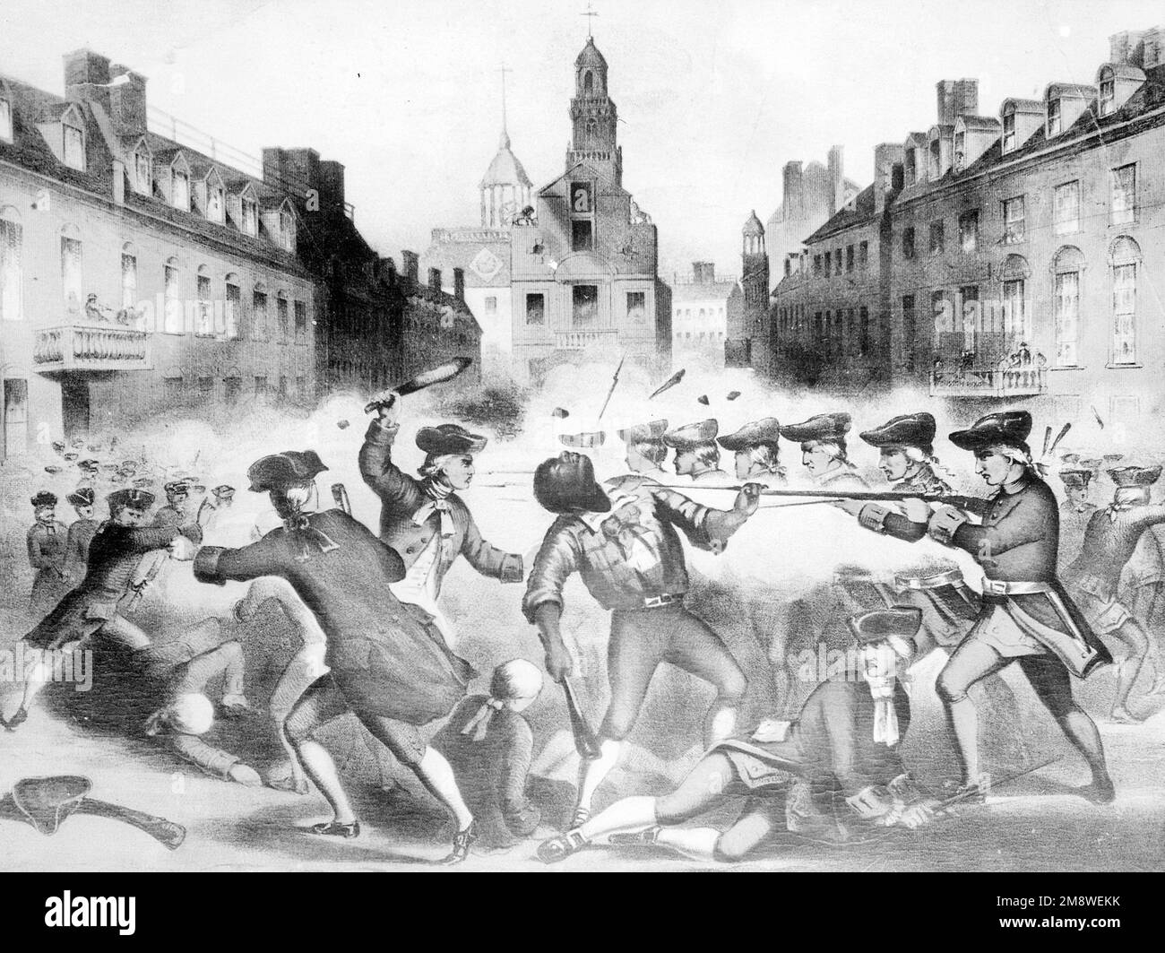 Boston Massacre, The Boston Massacre (known in Great Britain as the Incident on King Street[1]) was a confrontation in Boston on March 5, 1770, in which a group of nine British soldiers shot five people out of a crowd of three or four hundred who were harassing them verbally and throwing various projectiles. The event was heavily publicized as "a massacre" by leading Patriots such as Paul Revere and Samuel Adams.[2][3][4] British troops had been stationed in the Province of Massachusetts Bay since 1768 in order to support cr Stock Photo