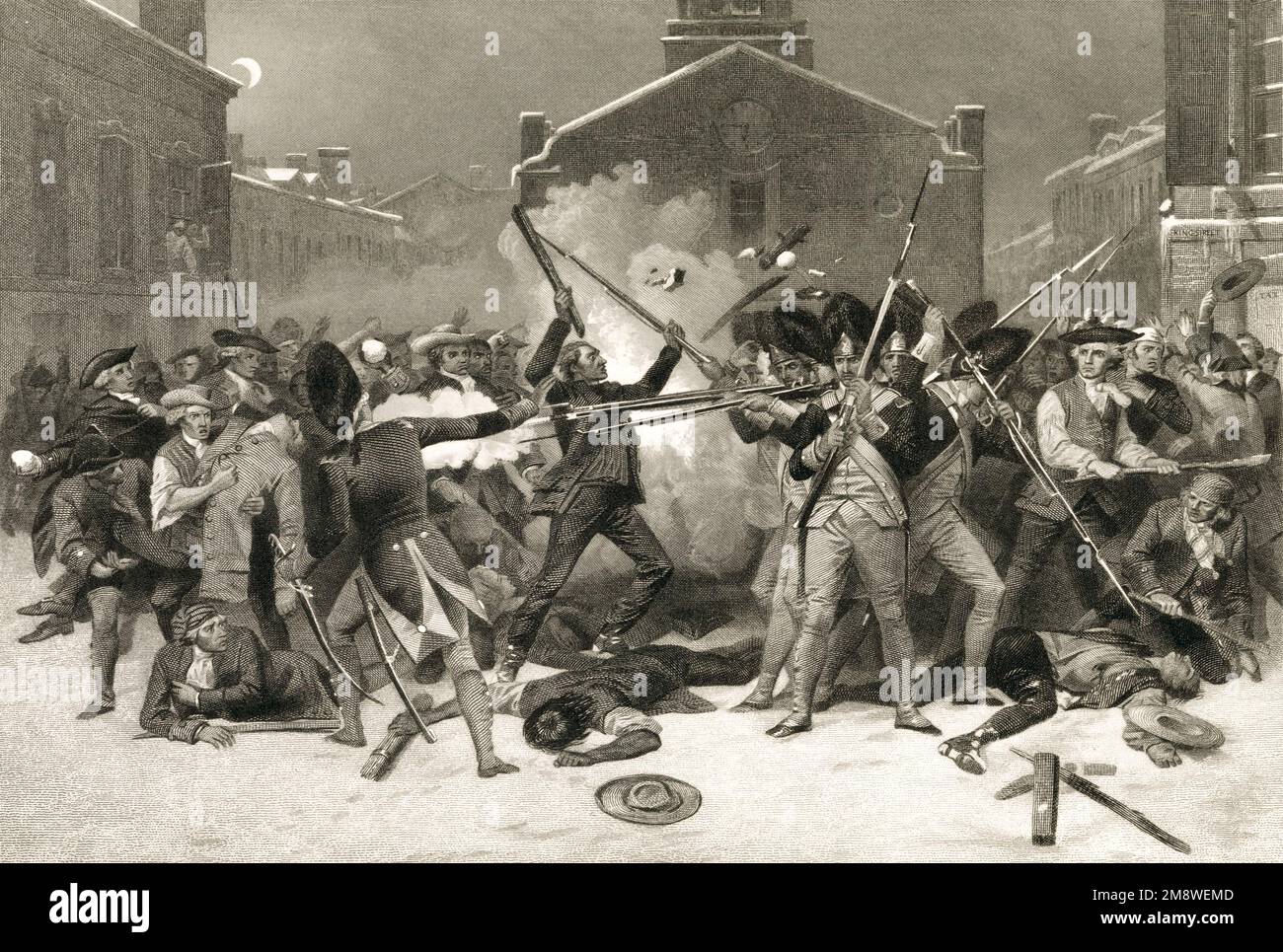 The Boston Massacre in Boston on March 5, 1770, in which a group of nine British soldiers shot five people out of a crowd of three or four hundred. An 1868 print by Alonzo Chappel Stock Photo