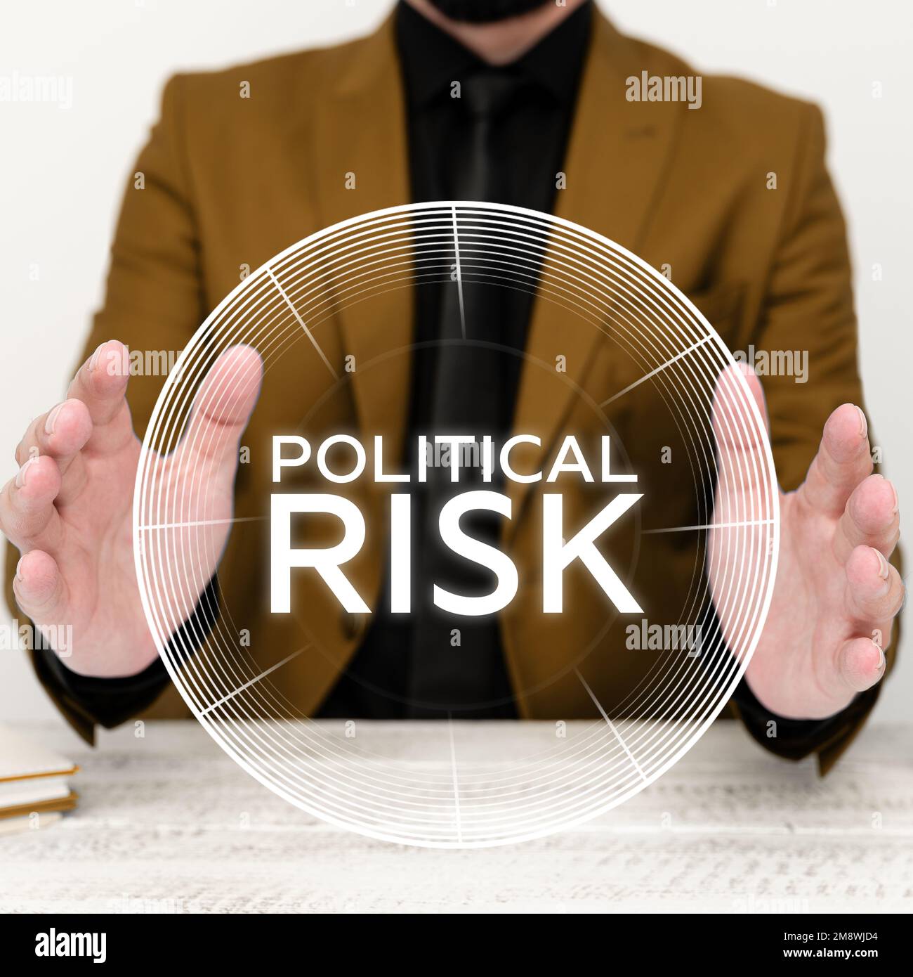 Sign displaying Political Risk. Word Written on communications person ...