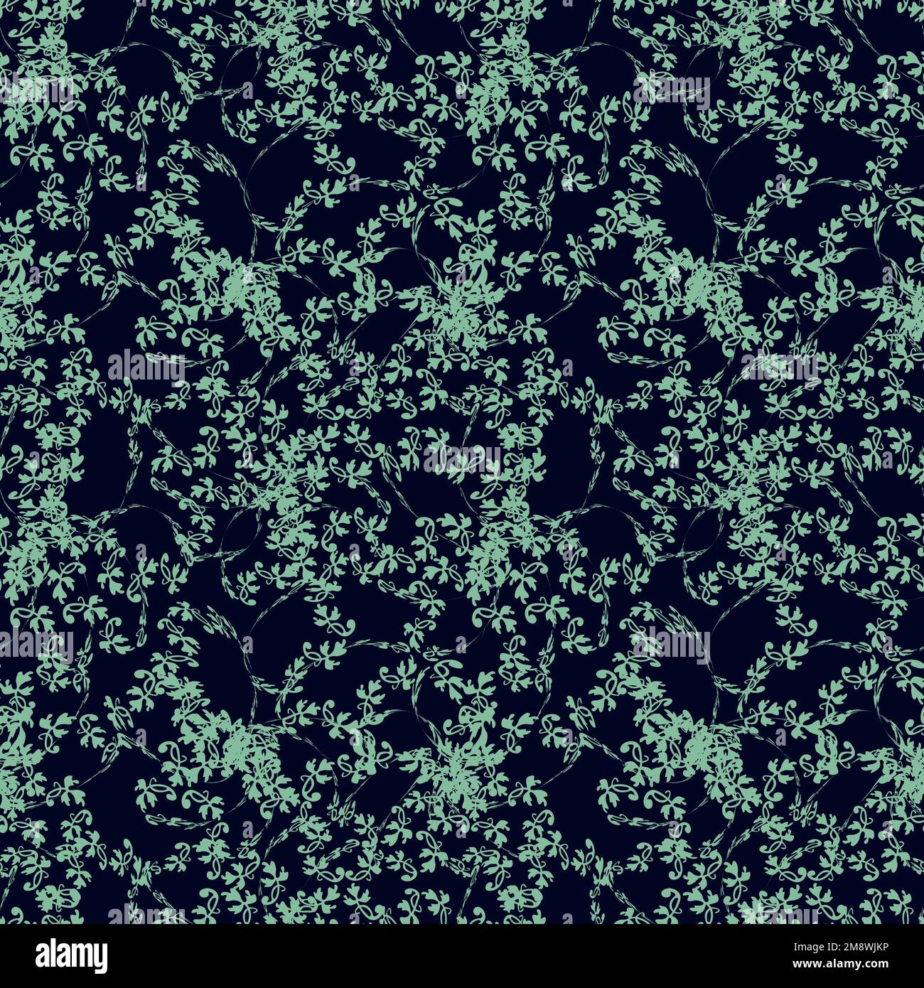 Seamless simple cute pattern of green curled design elements like plants on navy background.Endless ornament.Colourful backdrop for fabric,textile Stock Vector