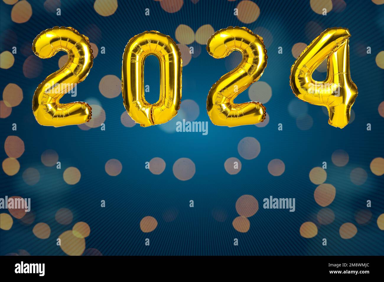 New Year 2024 celebration. Golden Yellow foil color balloons. 2024