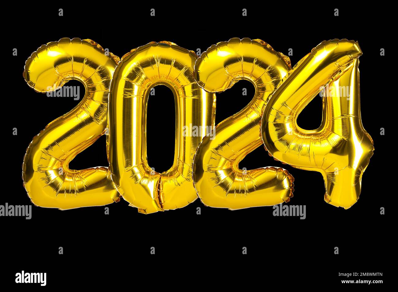 New Year 2024 celebration. Golden Yellow foil color balloons. 2024