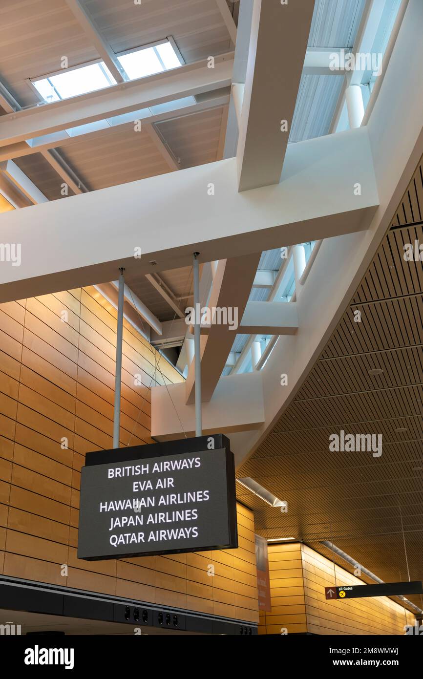 Signs direct passengers to various airlines ticket counter areas at