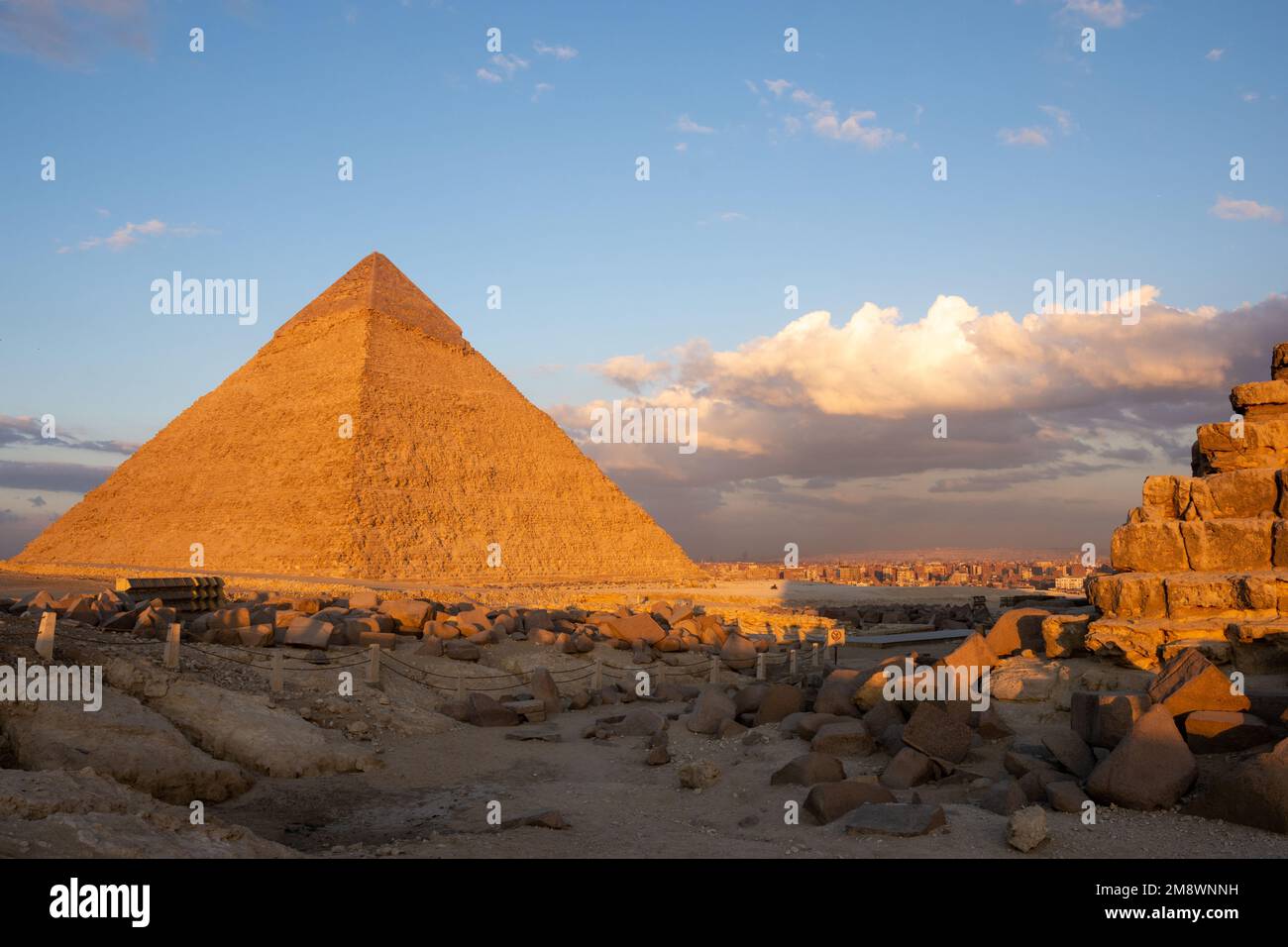 Cairo city behind awesome pyramid of Khafre or of Chephren in Giza the