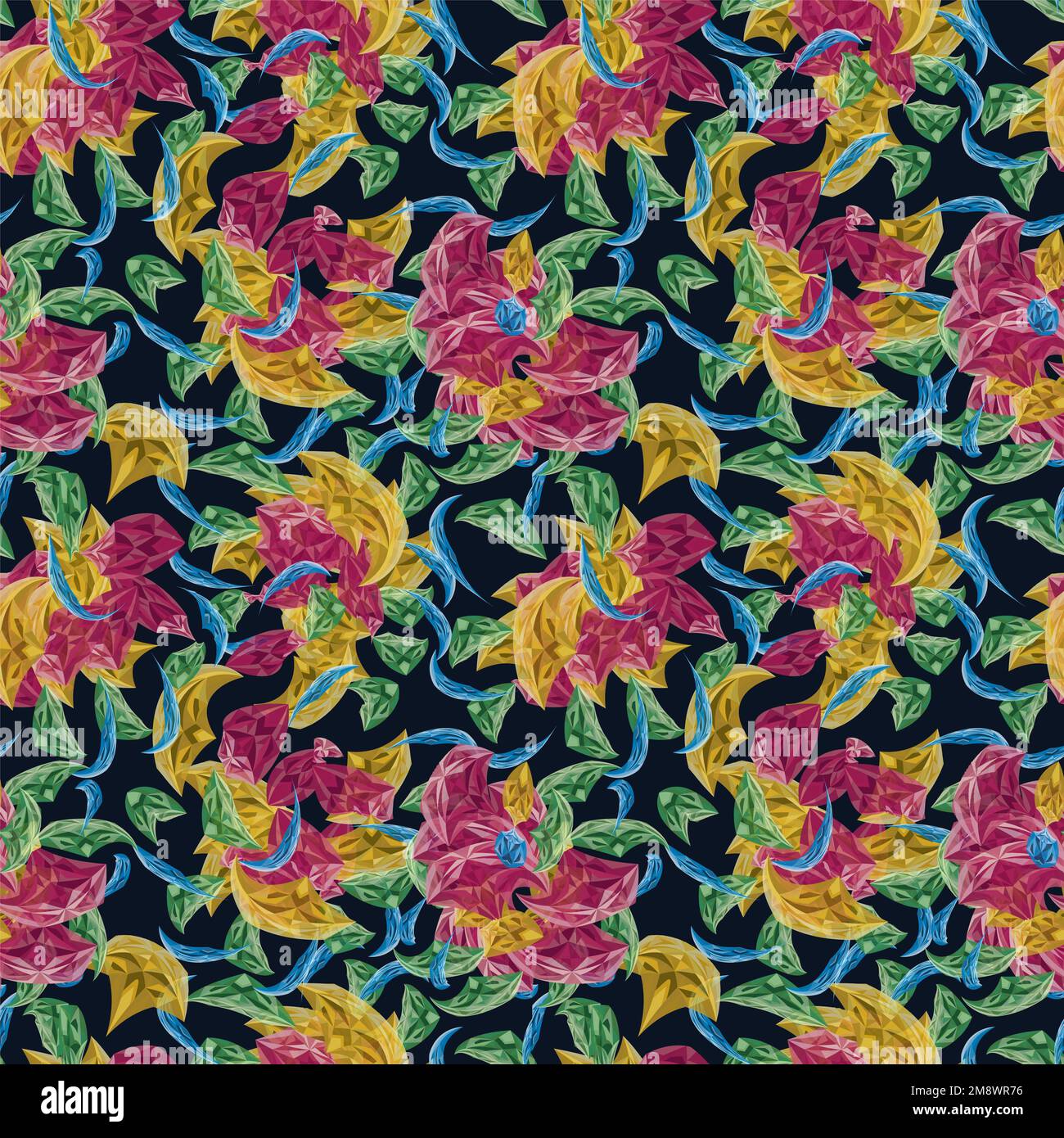 Seamless simple cute pattern of colorful curled design elements like flowers or plants on navy background.Endless ornament.Colourful backdrop Stock Photo