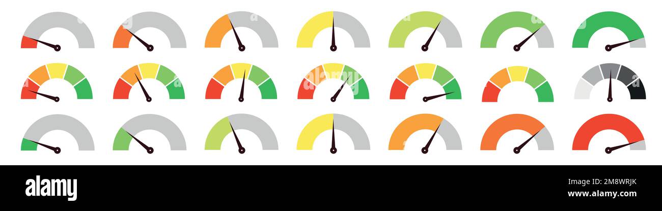 Set of speedometer, speed dial indicator. Green and red, low and high