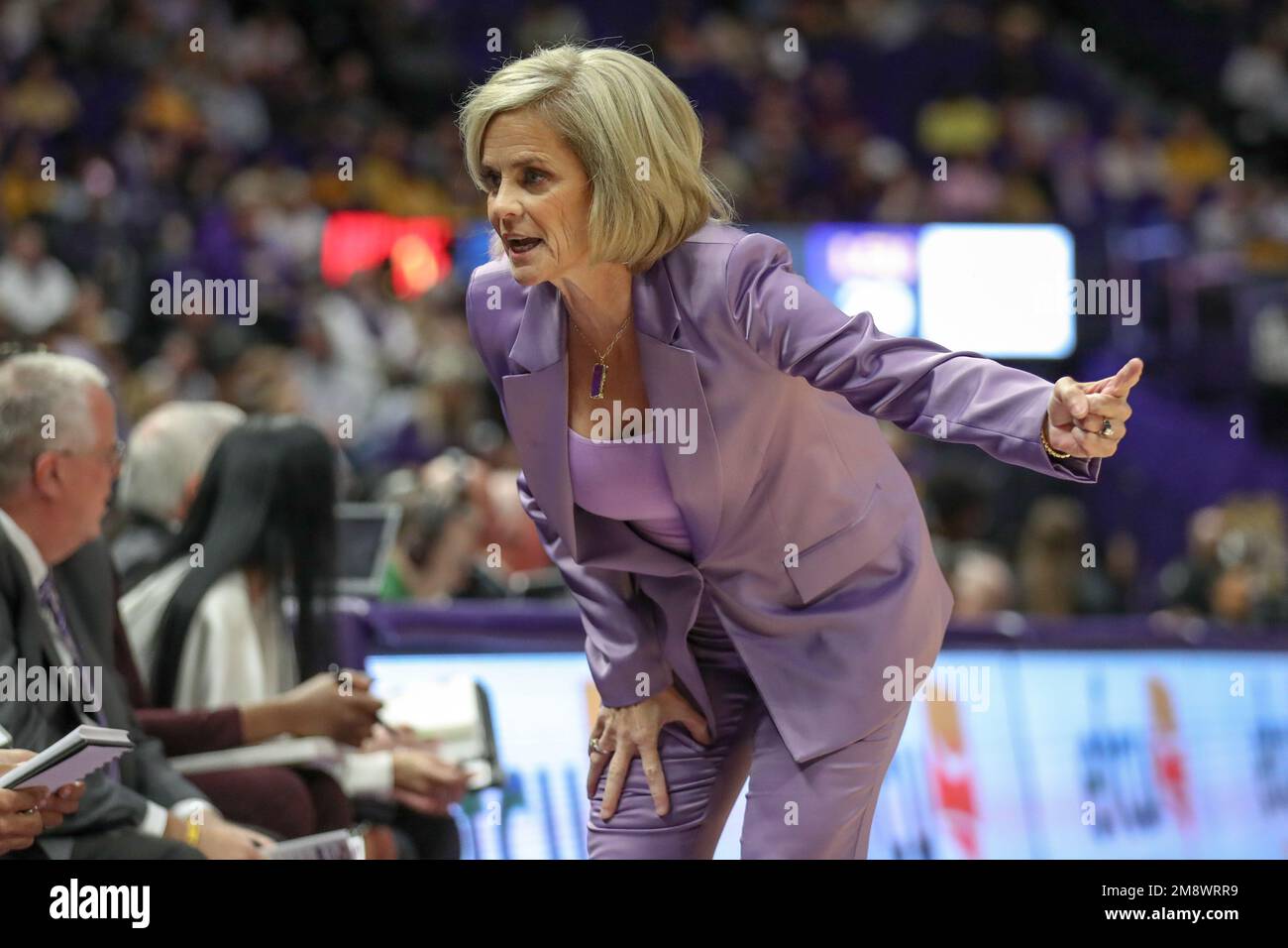 Baton Rouge, LA, USA. 15th Jan, 2023. LSU Head Coach Kim Mulkey coaches a  player on the bench during NCAA Women's Basketball action between the  Auburn Tigers and the LSU Tigers at