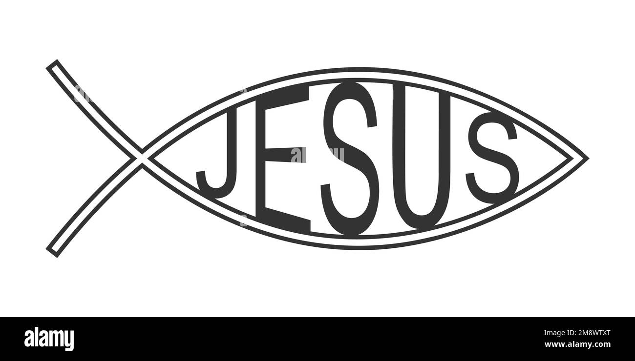 Variation of Jesus fish Bible symbol isolated on white background. Ichthys icon. Secret shibboleth in Christian religion. Vector outline illustration. Stock Vector