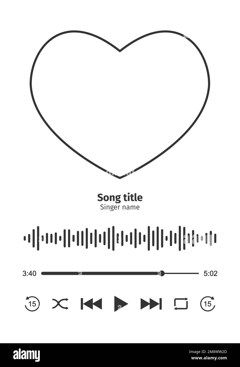 Audio player interface with heart shaped photo frame for song cover, equalizer, loading progress bar with timer, buttoms shuffle, rewind, play, fast forward, repeat. MP3 player template. Stock Vector