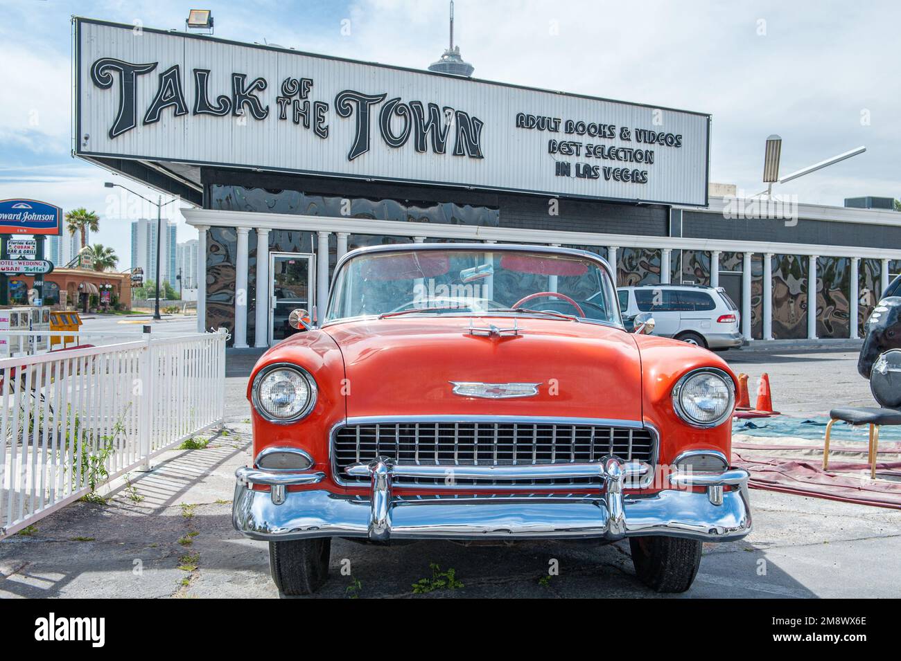 Vintage car parked outside a strip club on Las Vegas Boulevard in Las Vegas, NV Stock Photo