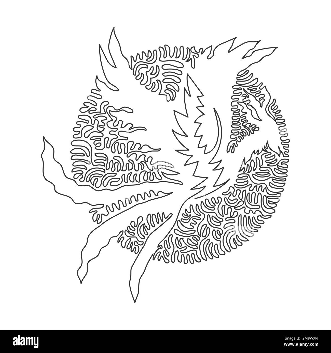 Continuous one curve line drawing of adorable phoenix abstract art in circle. Single line editable stroke vector illustration of ancient mythical bird Stock Vector
