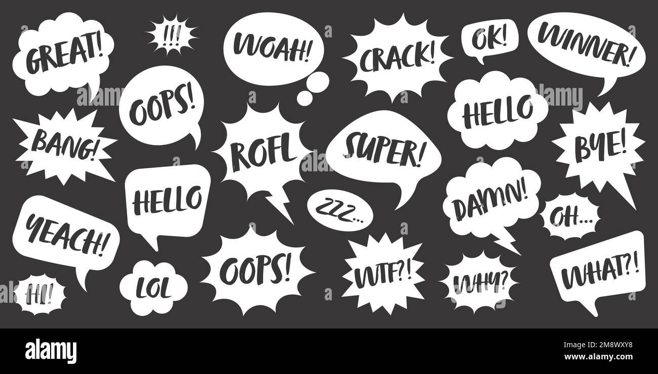 White comic speech bubbles with handwritten text on dark background ...