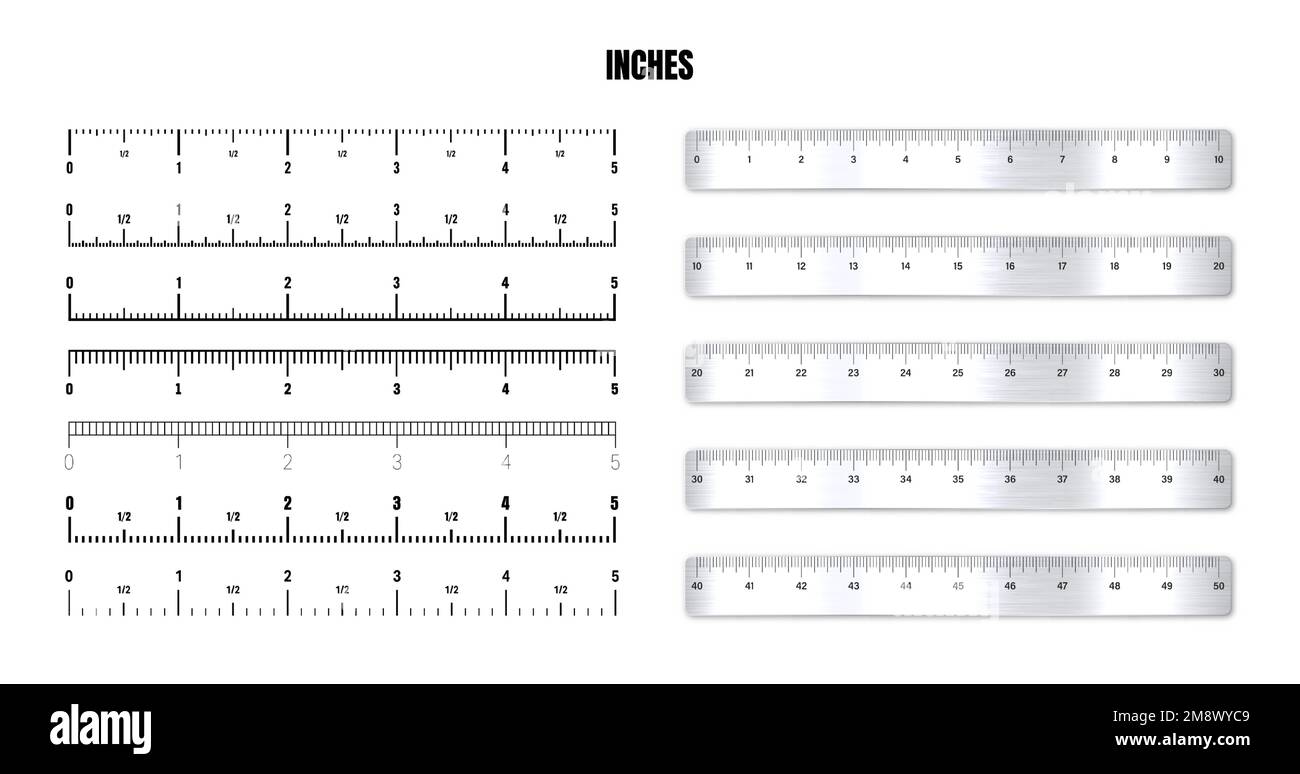 Realistic metal rulers with black inch scale for measuring length or